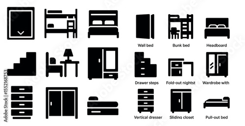 Furniture and home solid icons set – filled, silhouette, interior decor symbols