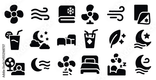 Bedroom and sleep silhouette icons set – solid, filled, night and dream symbols
