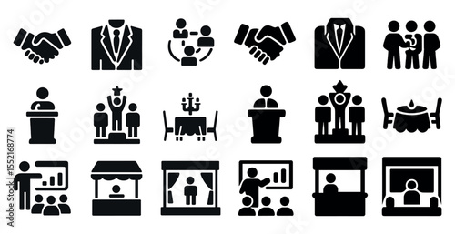 Business and corporate solid icons set – silhouette, filled, office and meeting symbols