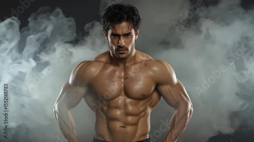  A muscular athlete stands confidently in a cloud of smoke, showcasing a beautifully sculpted, powerful physique that reflects strength, dedication, and the intense discipline of physical training