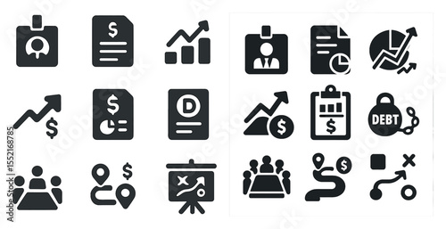 Business and finance solid icons set – chart, data, and money management symbols