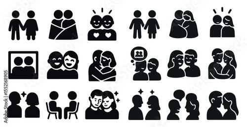 Friendship and relationship icons set – silhouette, solid, love and companionship symbols