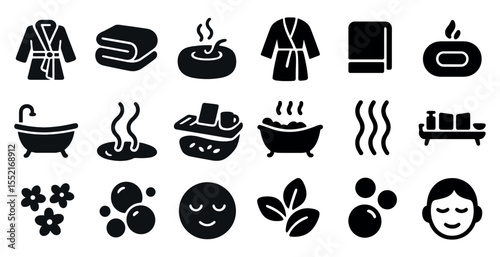Spa and relaxation solid icons set – filled, wellness, self-care symbols