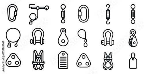 Climbing gear line icons set – outline, minimal, mountaineering equipment symbols