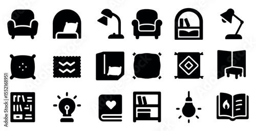 Home decor solid icons set – furniture, silhouette, interior essentials