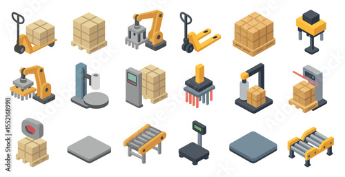 Industrial equipment isometric icons set – manufacturing, machinery, factory symbols