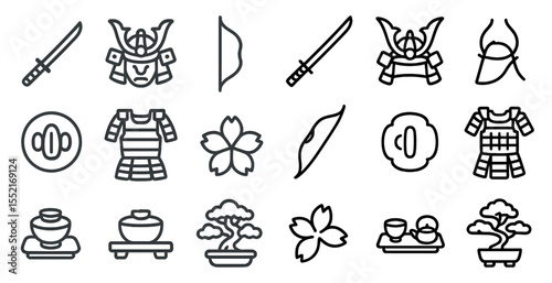 Samurai armor outline icons set – linear, silhouette, warrior and armor symbols