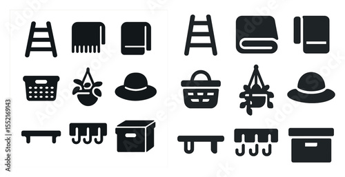 Home and garden solid icons set – filled, silhouette, organization and decor symbols