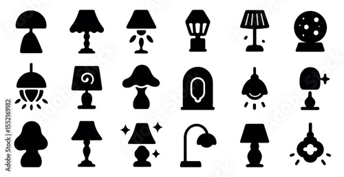 Home and office silhouette icons set – filled, solid, lighting and decor symbols