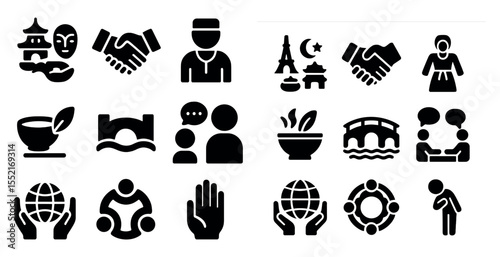 Cultural diversity solid icons set – silhouette, filled, unity and tradition symbols