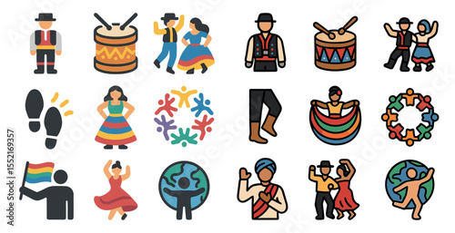 Cultural dance icons set – flat, filled, traditional music and festival symbols