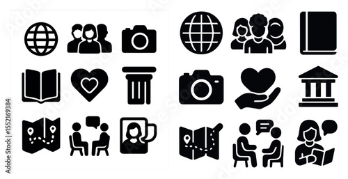 Community and engagement solid icons set – filled, social, connection symbols