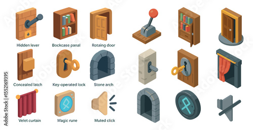 Secret passage 3d icons set – hidden, mysterious, escape room symbols