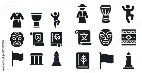 Japanese culture solid icons set – filled, flat, tradition and heritage symbols