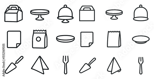 Food and dining outline icons set – kitchen, catering, meal preparation symbols