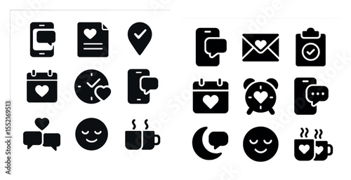 Communication and social solid icons set – silhouette, filled, messaging symbols