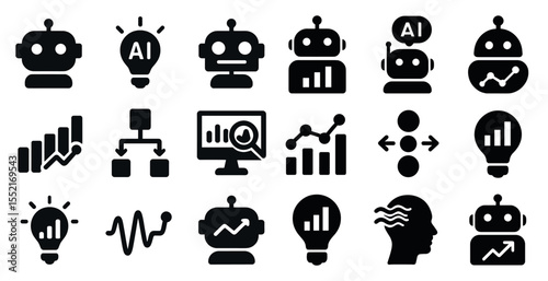 Artificial intelligence solid icons set – technology, robotics, digital innovation symbols