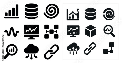 Data and analytics solid icons set – 3d, filled, business intelligence symbols