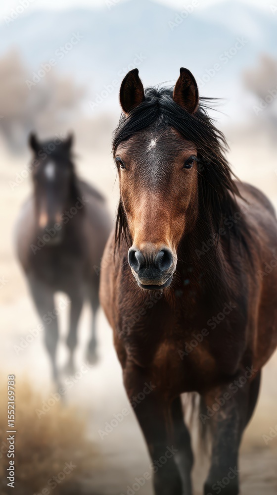Fototapeta premium Horses running through a hazy landscape at dusk, showcasing their beauty and grace in motion