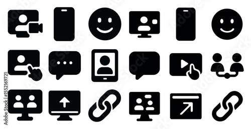 Video communication solid icons set – filled, chat, media and connection symbols