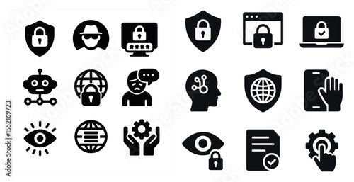 Cybersecurity solid icons set – filled, internet, data protection symbols