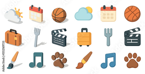 Hobby and leisure icons set – isometric, activity, and pastime symbols