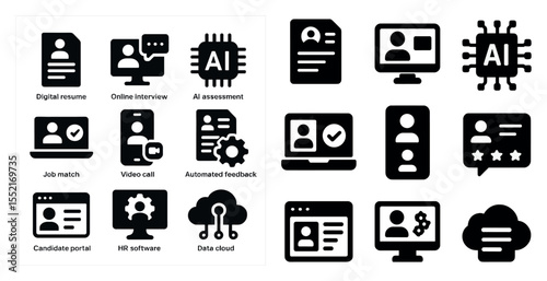 Digital communication silhouette icons set – solid, filled, ai and tech symbols