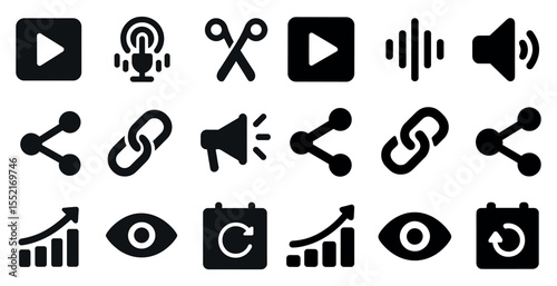 Social media solid icons set – digital, filled, communication and sharing symbols