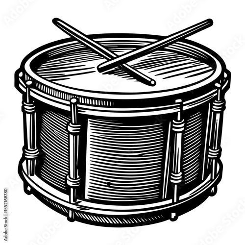 Engraved Snare Drum with Drumsticks - Black and White Illustration