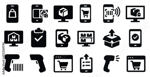 E-commerce and shopping solid icons set – flat, filled, online retail graphics