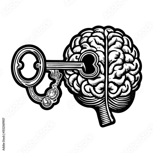 Key unlocking brain, mind power concept, black and white illustration