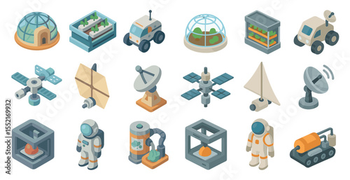Space exploration icons set – isometric, satellite, astronaut and rover designs