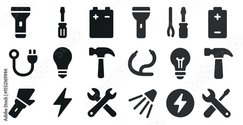 Tools and hardware solid icons set – filled, repair, construction elements