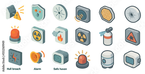 Emergency and safety icons set in isometric style – alert, protection, warning signs