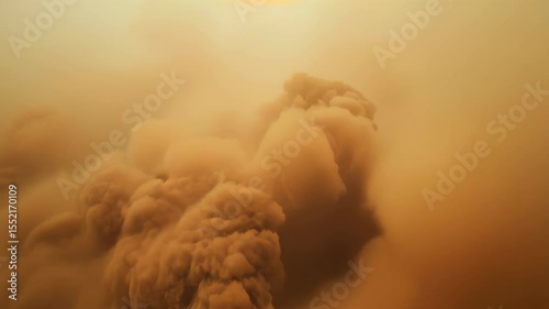 An intense dust storm engulfs the arid landscape, sending up towering walls of thick, turbulent sand and dust that swirl upward