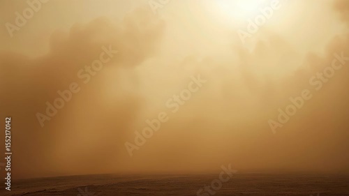 An intense dust storm engulfs the arid landscape, sending up towering walls of thick, turbulent sand and dust that swirl upward