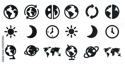 World and weather solid icons set – filled, globe, climate symbols