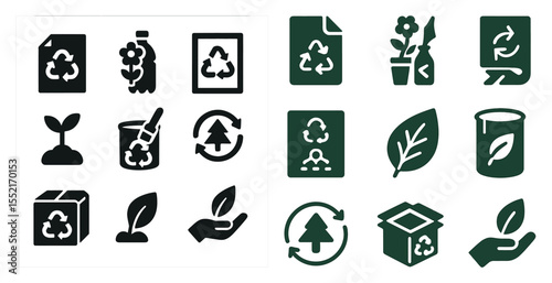 Recycling and sustainability icons set – solid, filled, eco-friendly symbols
