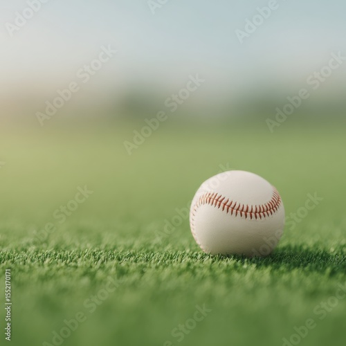 Close-up of a baseball on green grass under a clear sky, symbolizing outdoor sports and leisure.