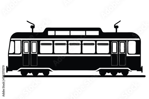 Silhouette of a Classic Tram with Doors, Windows, and Trolley Pole Detail
