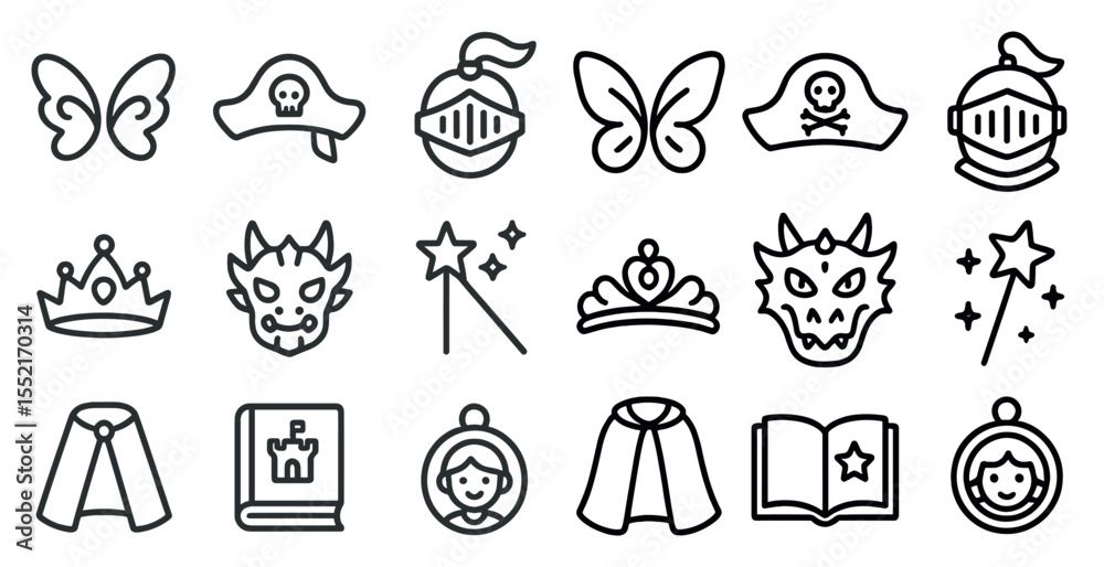 Fototapeta premium Fantasy and story book outline icons set – adventure, magic, arts and crafts graphics