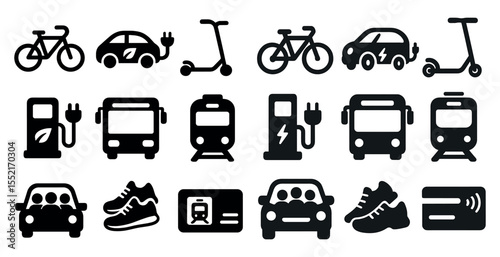 Transportation and mobility solid icons set – flat, filled, travel and transit symbols