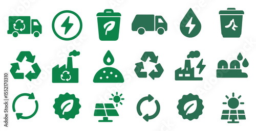Recycling and sustainability filled icons set – green, eco-friendly, waste management symbols