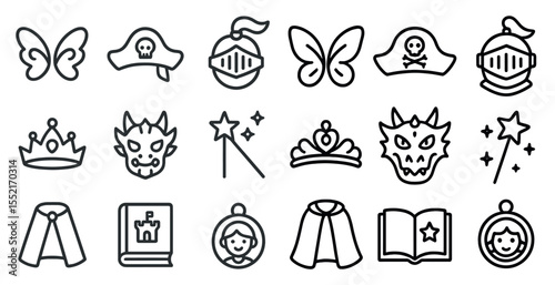 Fantasy and story book outline icons set – adventure, magic, arts and crafts graphics