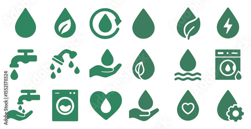 Water conservation solid icons set – filled, eco-friendly, sustainability symbols