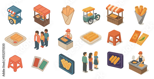 Street food and snacks icons set – isometric, cart, market vendor symbols