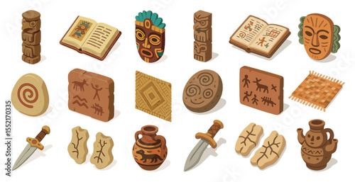 Ancient artifact isometric icons set – archaeology, historical, relic symbols