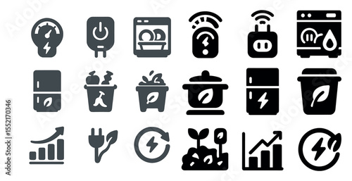 Eco and energy silhouette icons set – solid, sustainable and green technology symbols