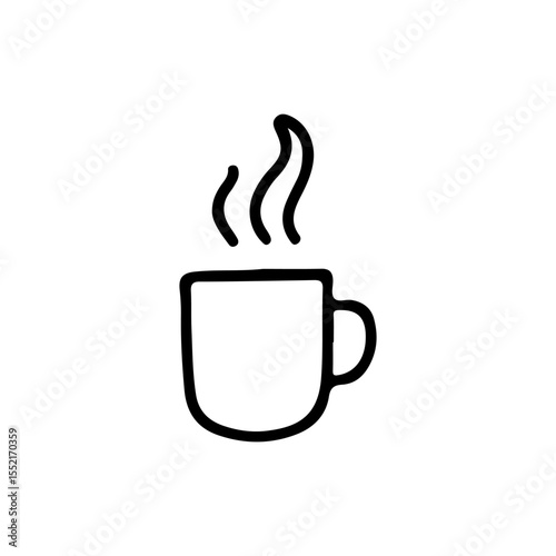 Cozy vector illustration of a steaming coffee mug in minimalist black line art. Perfect for café branding, breakfast themes, and relaxation concepts. Ideal for websites and promotional materials.