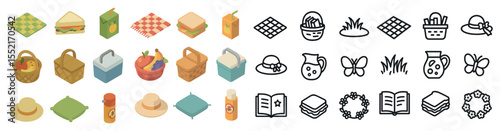 Picnic and outdoor isometric icons set – baskets, food, and leisure activity symbols